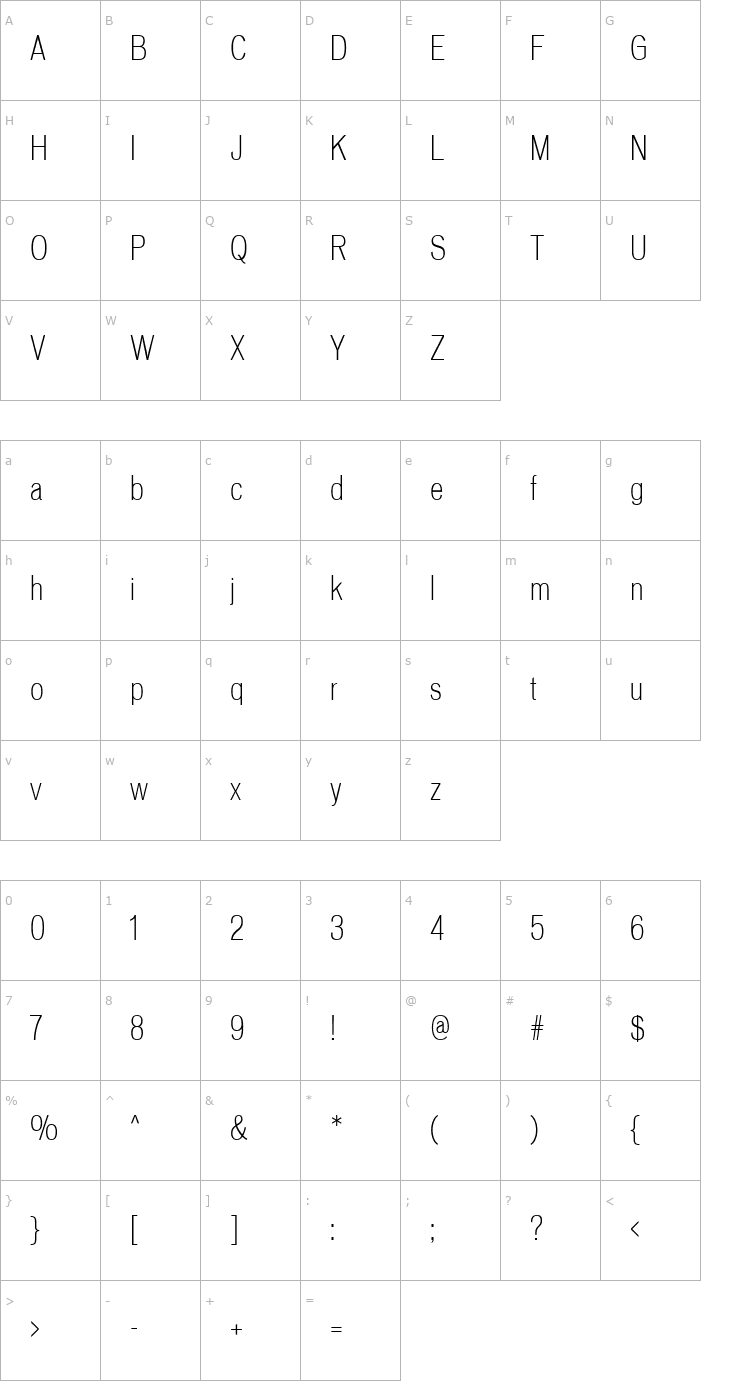 Character Map Vonnes-LightCondensed Font