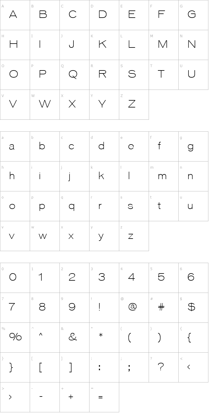 Character Map Vonnes-LightExtended Font