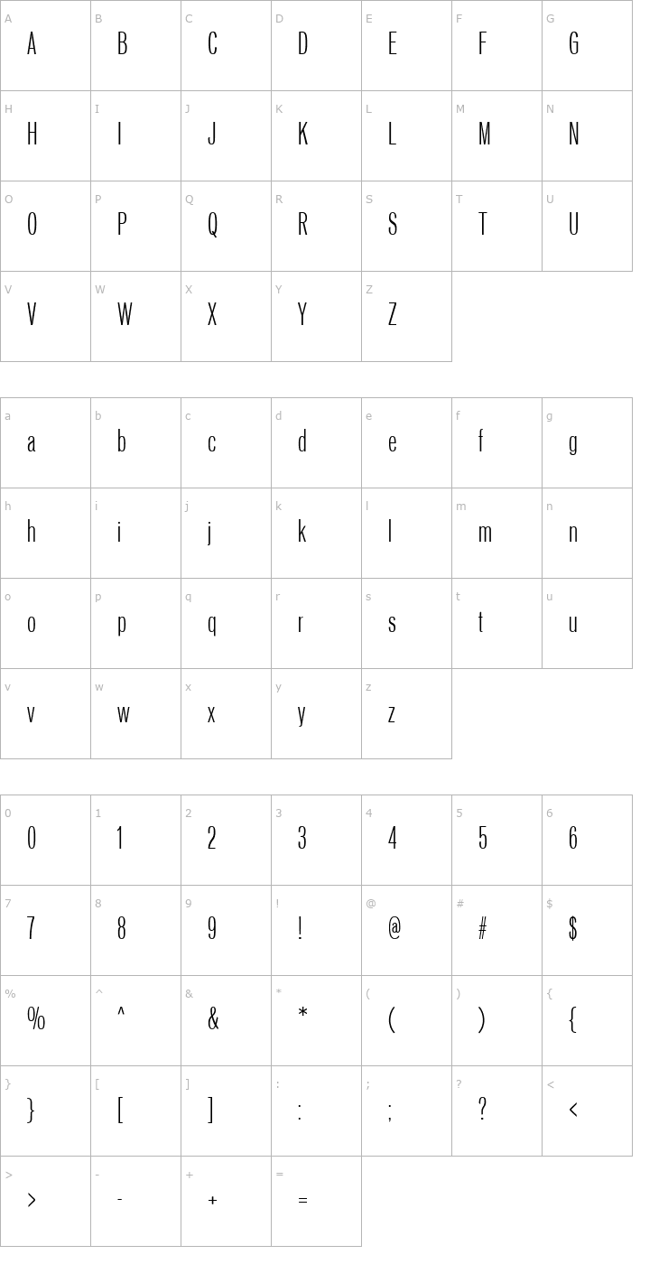 Character Map Vonnes-ThinCompressed Font