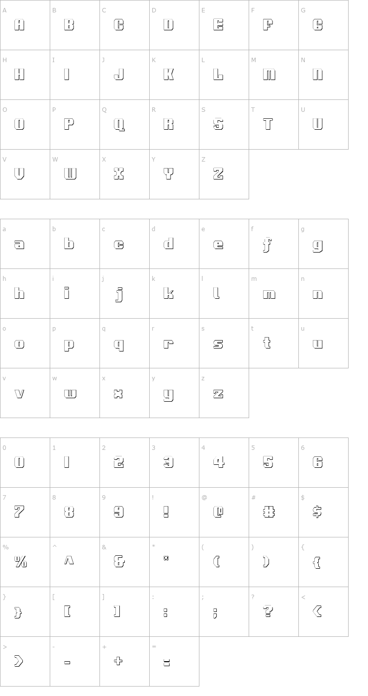 Character Map Voortrekker 3D Condensed Font