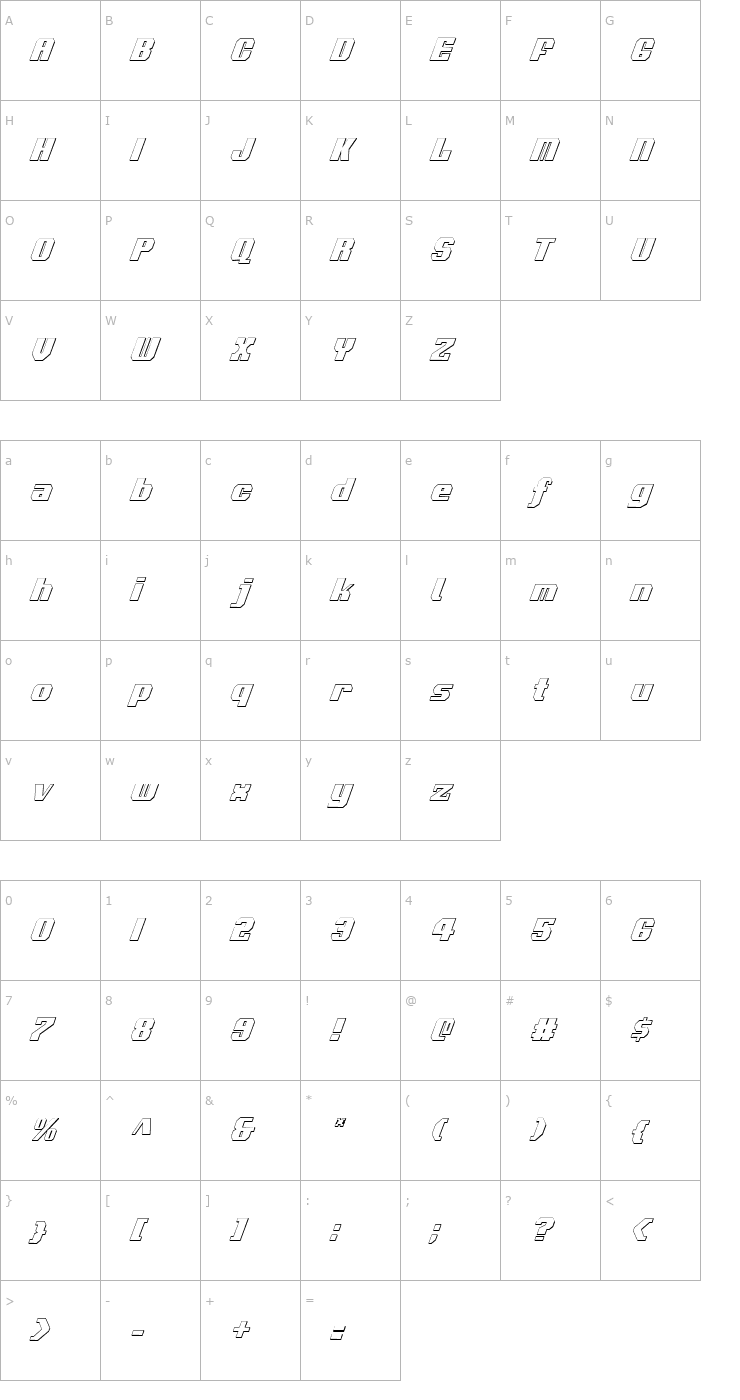 Character Map Voortrekker 3D Condensed Italic Font