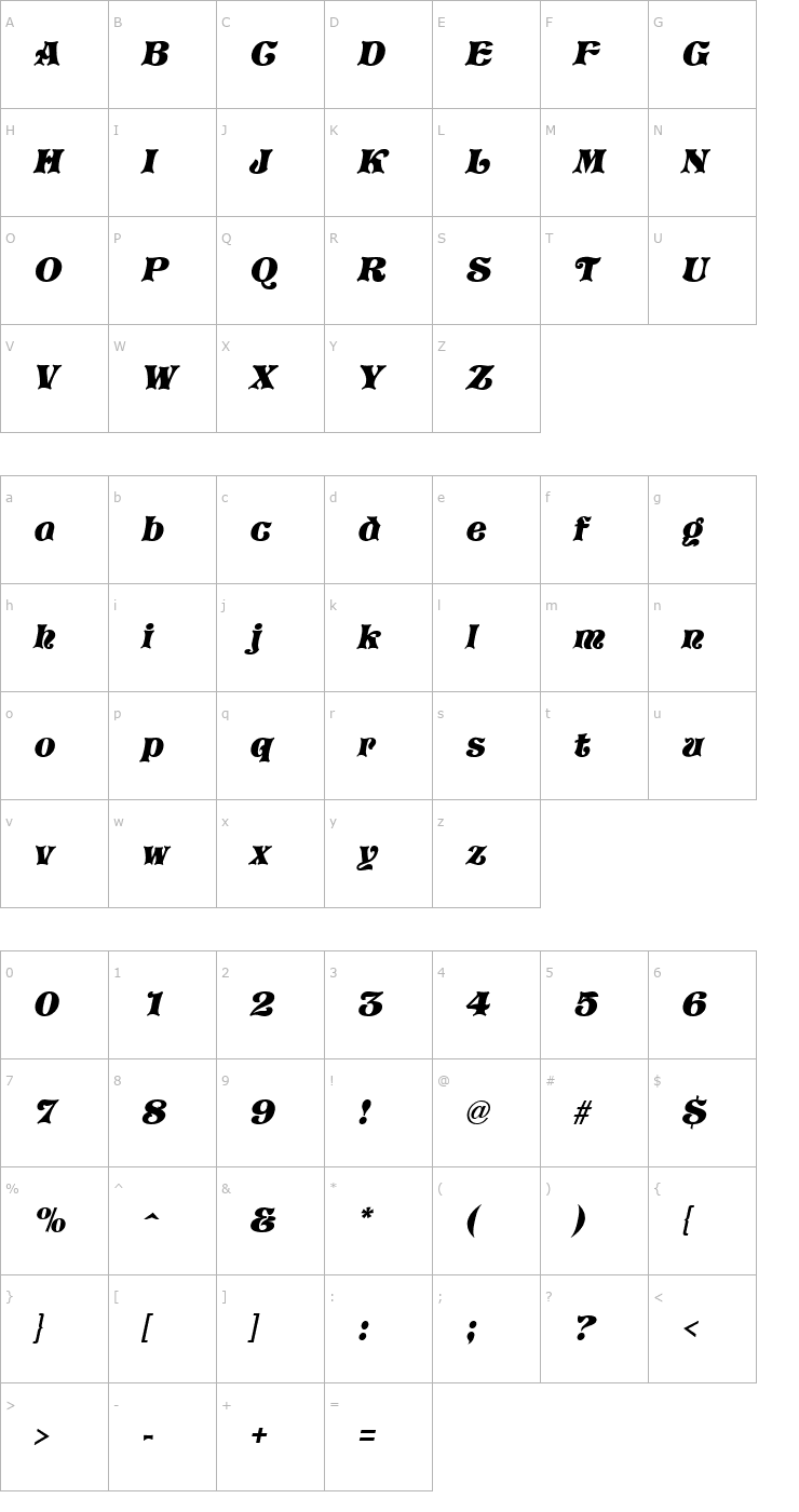 Character Map Vostrey Italic Font