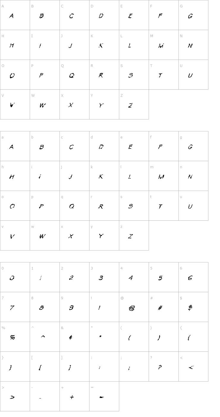 Character Map VTC Krinkle-Kut Regular Italic Font