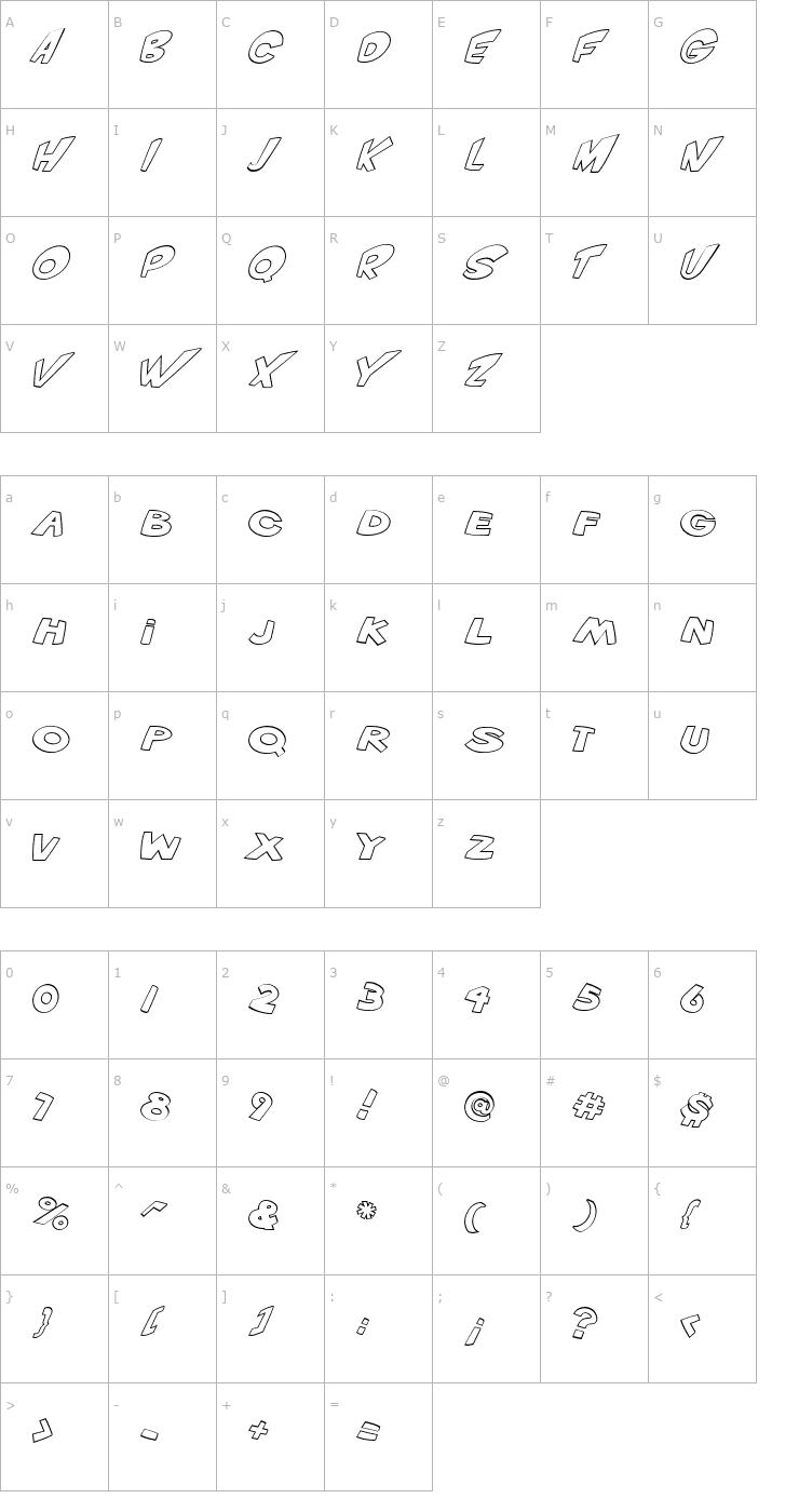 Character Map VTC ScreamItLoud Outline Italic Font