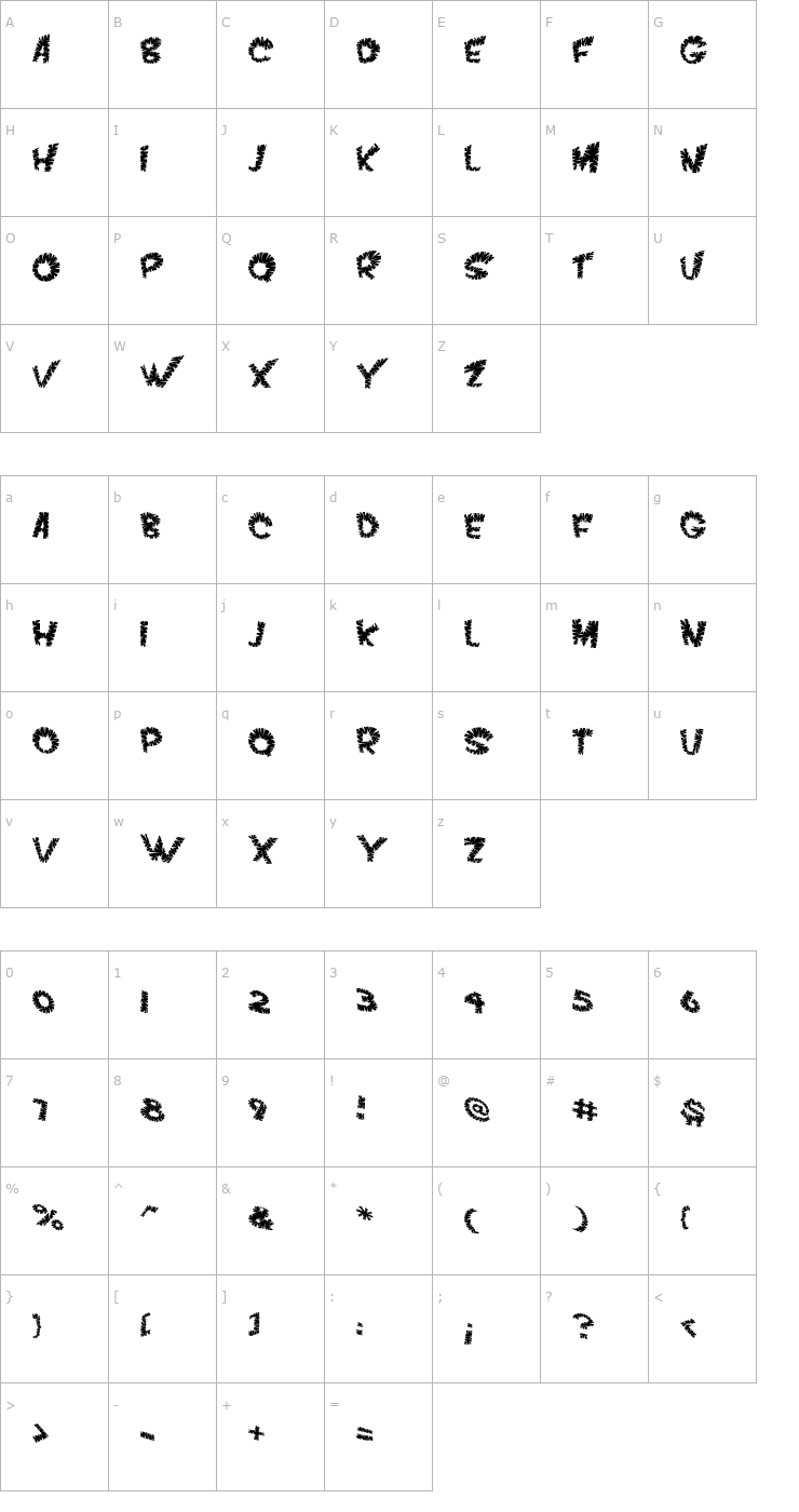 Character Map VTC ScreamItLoudSliced Regular Font
