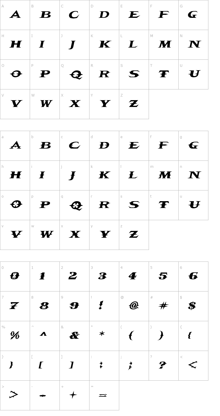 Character Map VTCBelialsBladeItalic Font