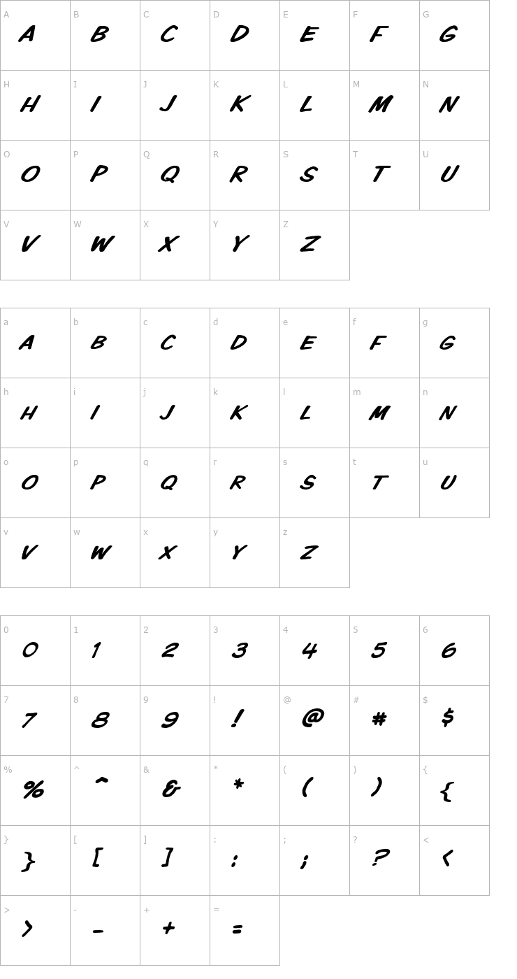 Character Map VTCKomixationSCItalic Font