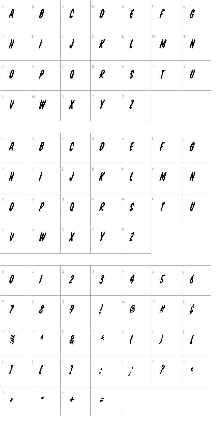 Character Map VTCSuperMarketSaleTallTilt Font