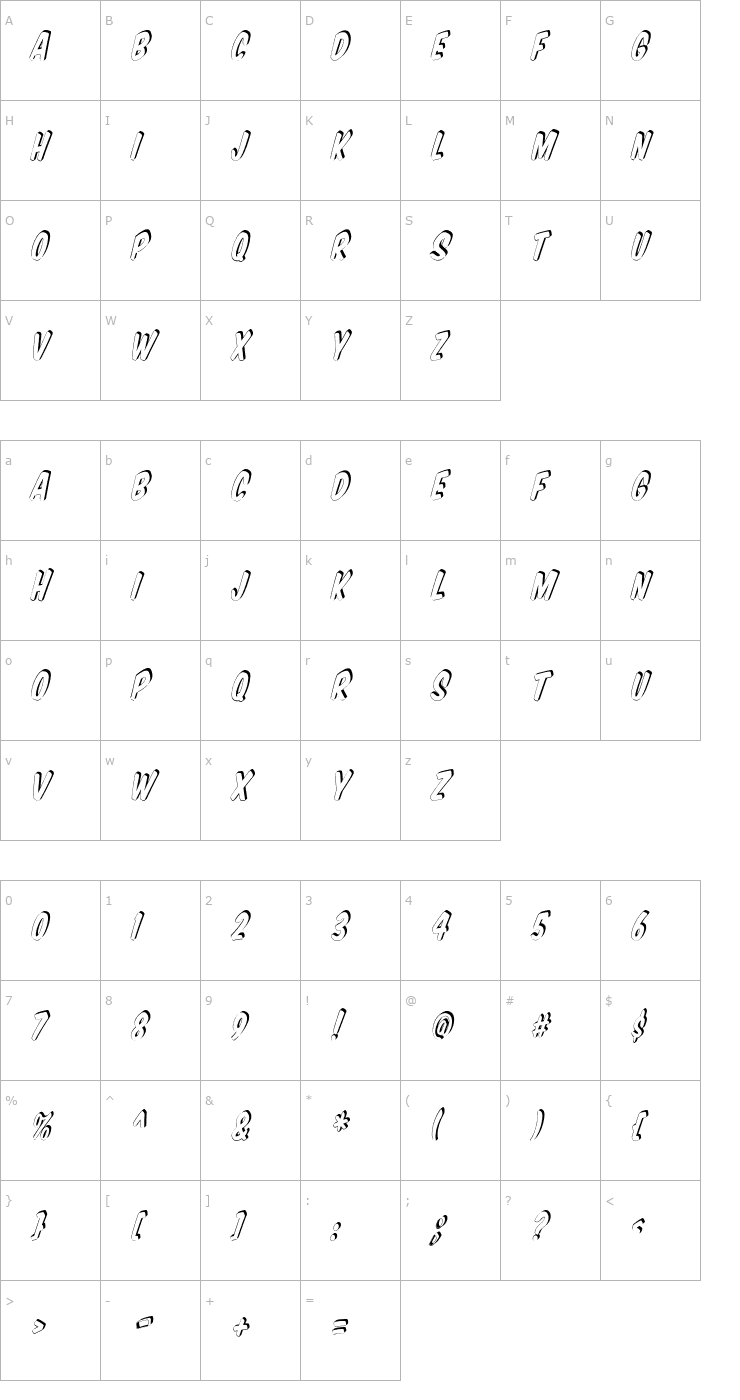 Character Map VTCSuperMarketSuperSale3DTilt Font