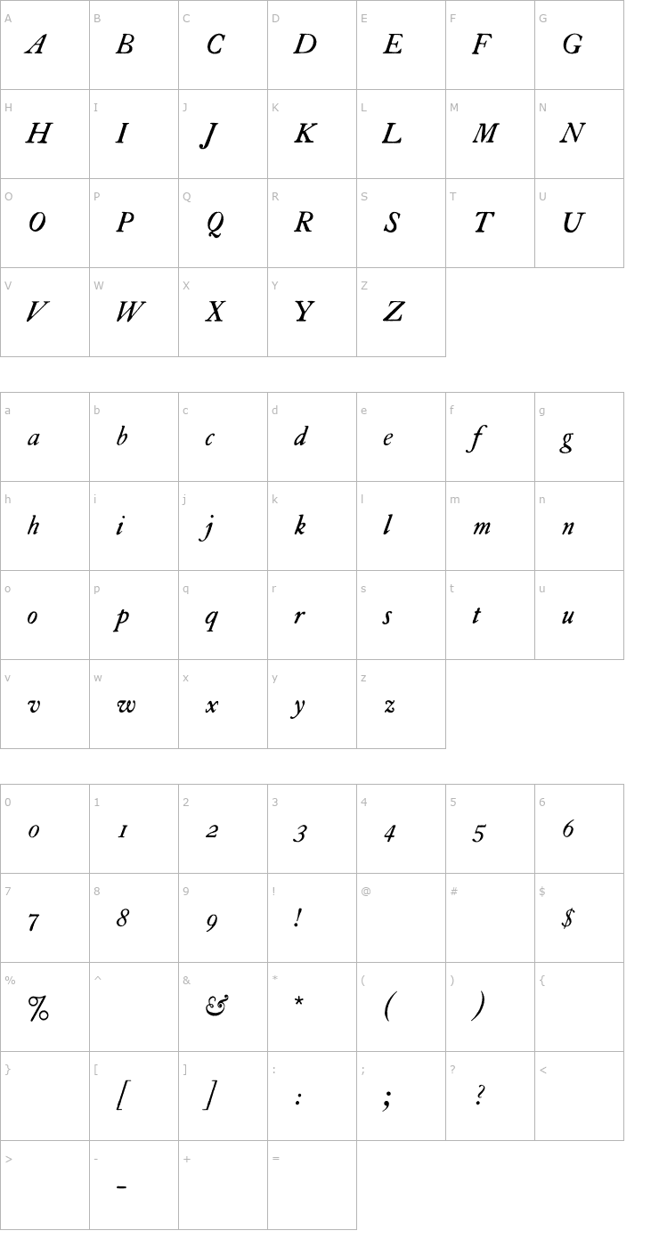 Character Map VTCualaCaslon-Italic Font
