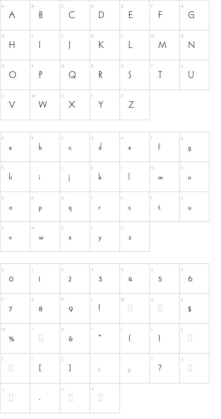 Character Map WadeSansLightPlain OTF Font
