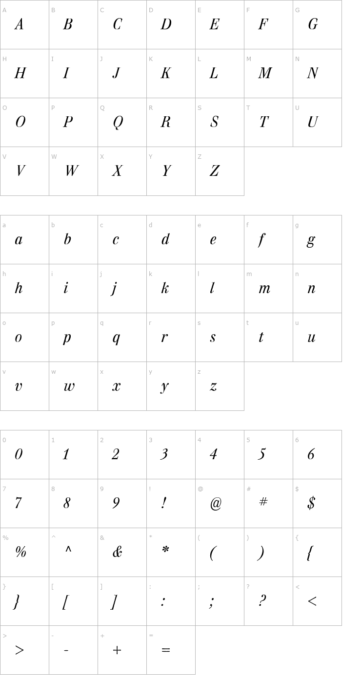 Character Map WalburnTextLight Italic Font