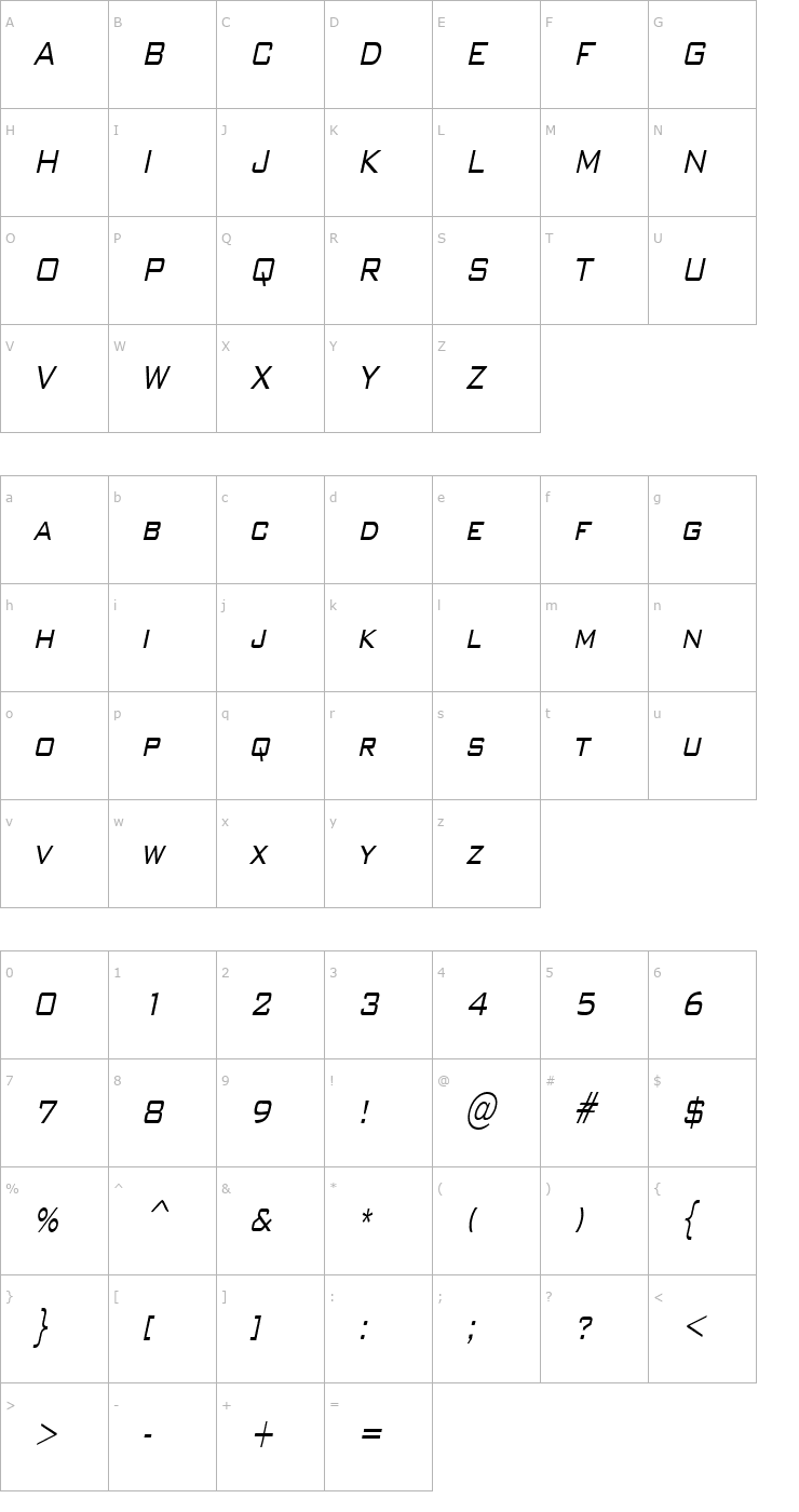 Character Map WallStreetCondensed Italic Font