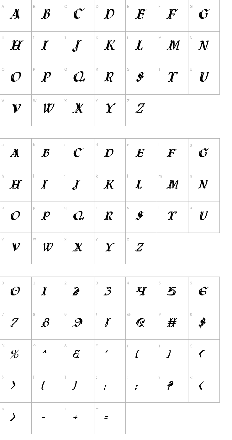 Character Map Wars of Asgard Condensed Italic Font