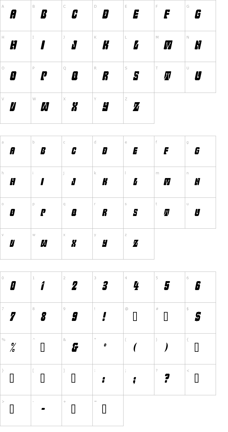 Character Map WavyOrnamentalCondensed Oblique Font