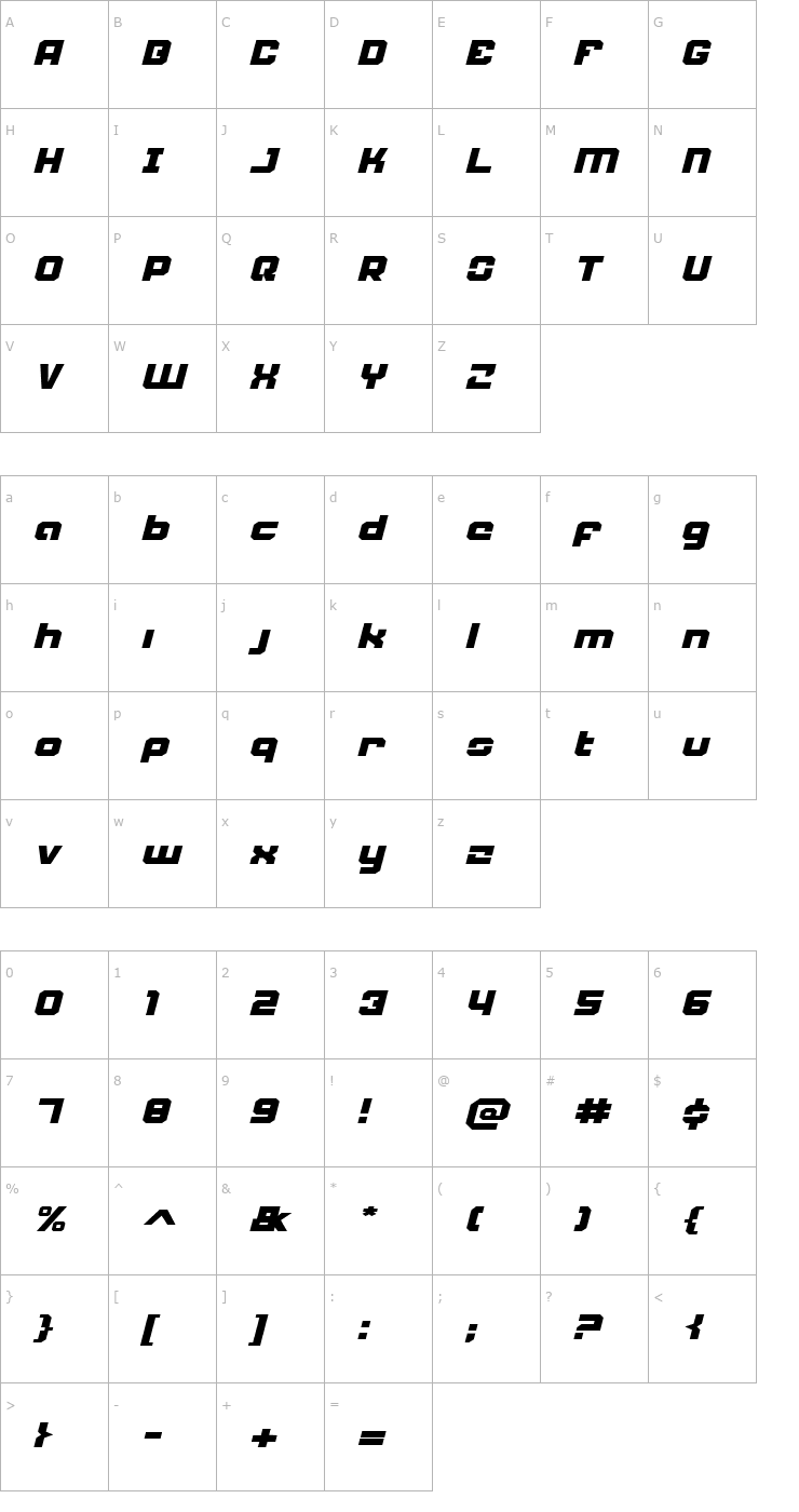 Character Map Weaponeer Expanded Italic Font