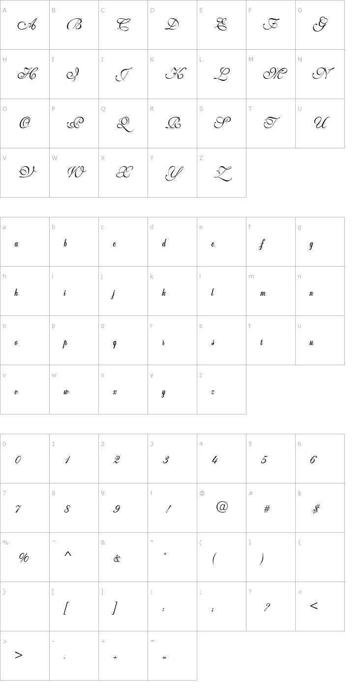 Character Map WeddingScript Bail Font