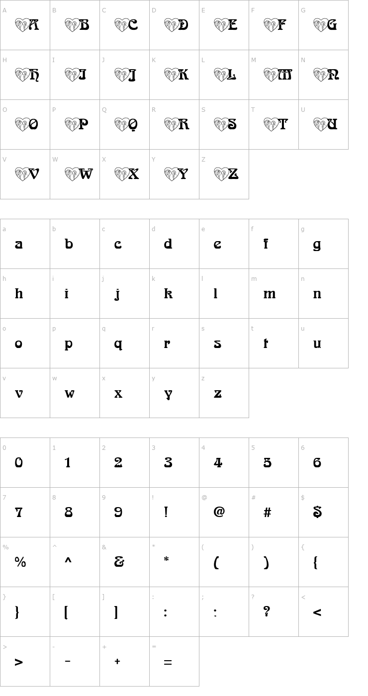 Character Map WeddingWhite Becker Font