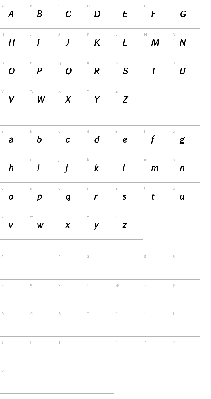 Character Map WendelinHalbfettKursiv Font