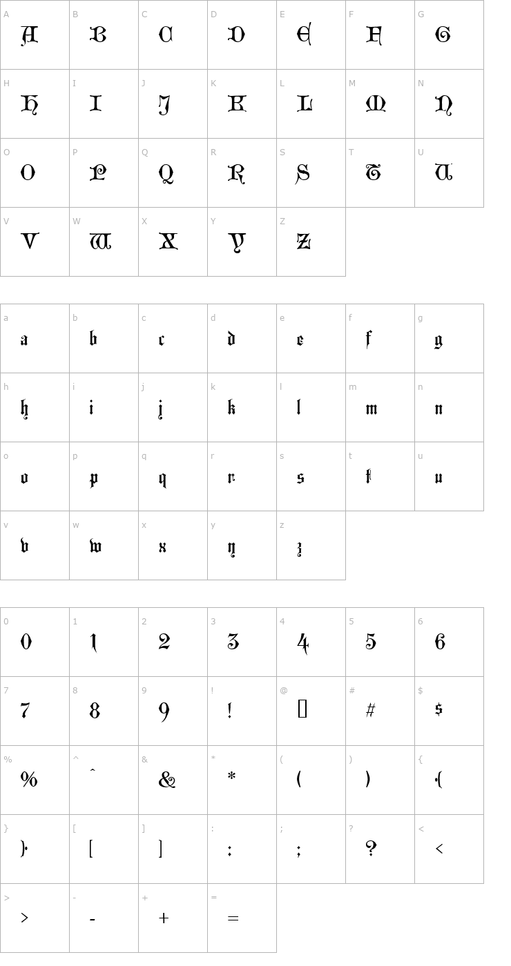 Character Map Westminster Gothic Font