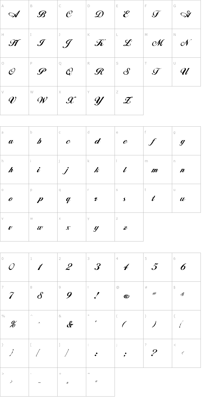 Character Map Whimsi Script SSK Font