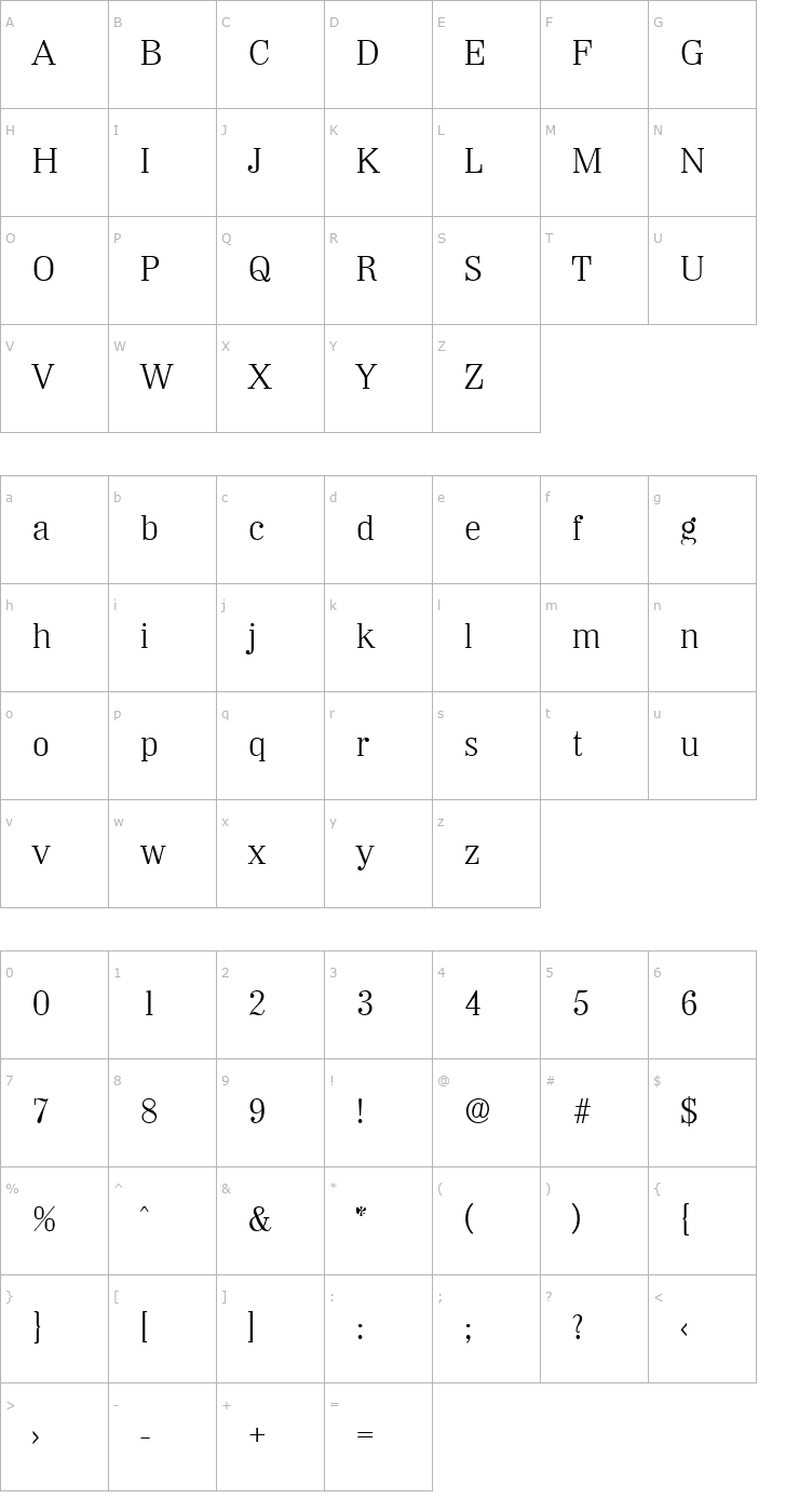 Character Map Wichita-Serial-Light-Regular Font
