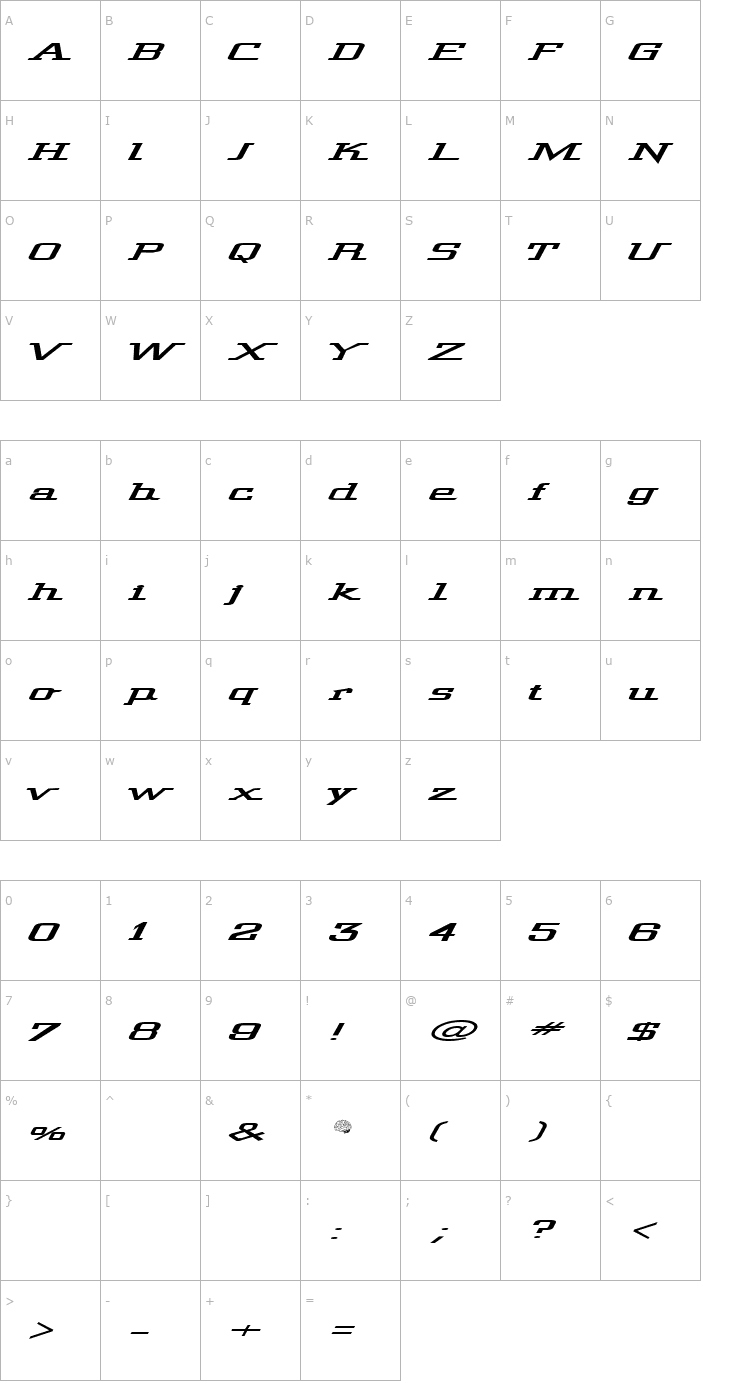 Character Map Wide Glide Font