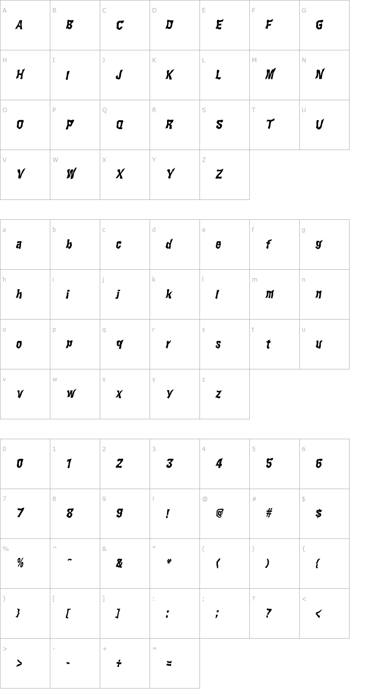 Character Map WILD2 Ghixm Bold Italic Font