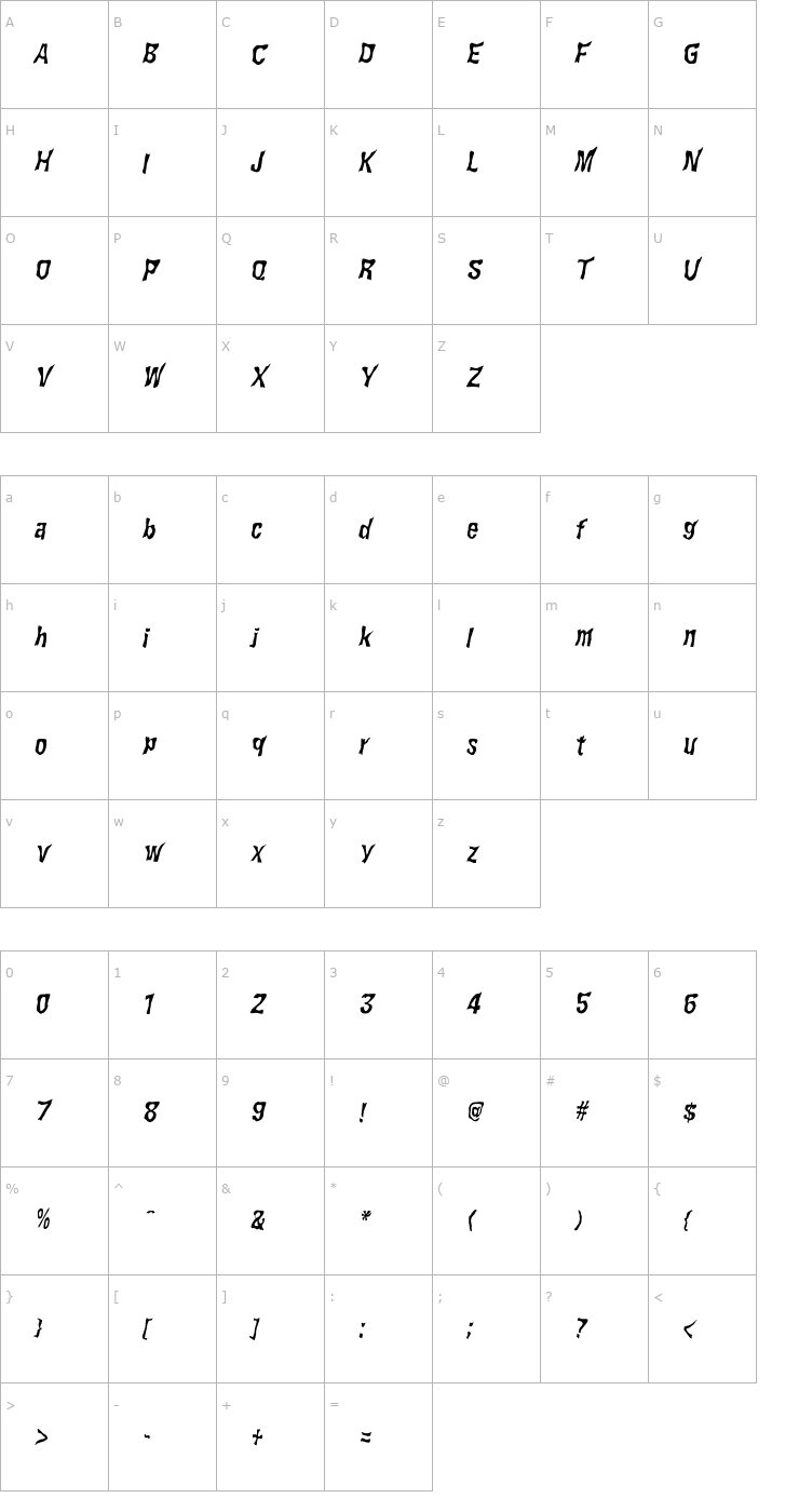 Character Map WILD2 Ghixm Normal Italic Font
