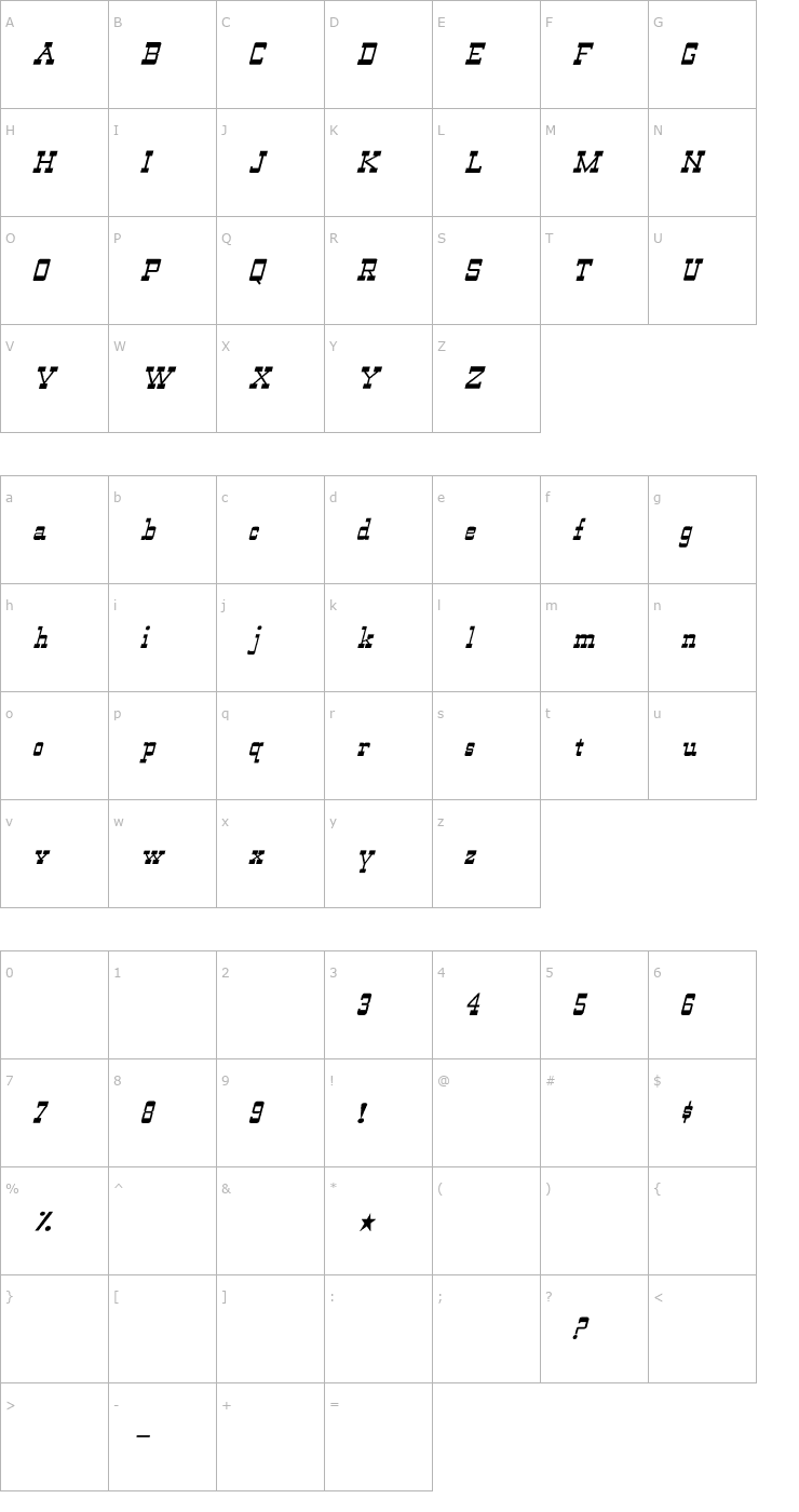 Character Map WildWest-Normal Italic Font
