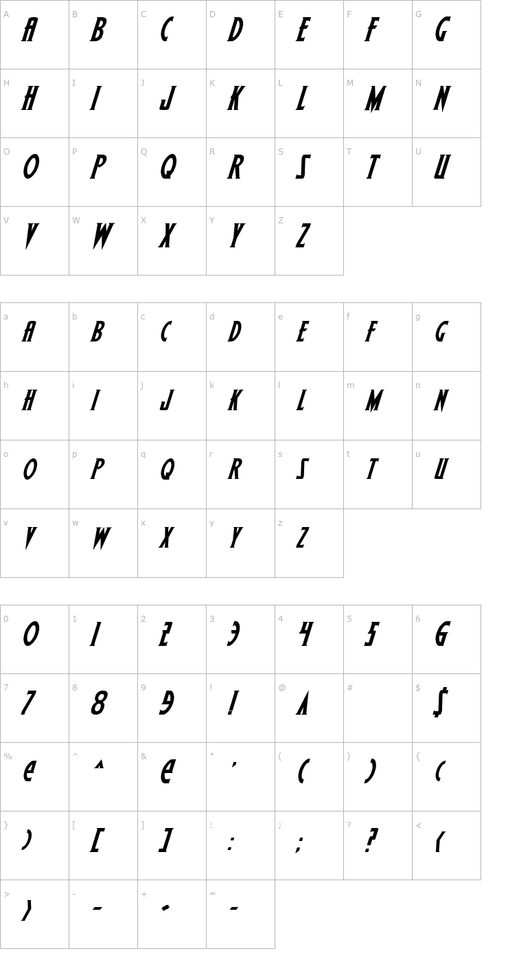 Character Map Wolf's Bane Bold Italic Font