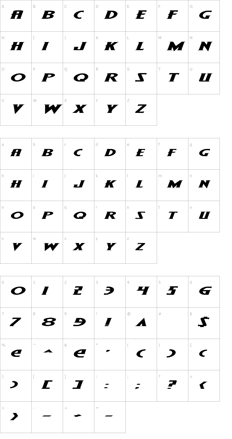 Character Map Wolf's Bane Expanded Italic Font