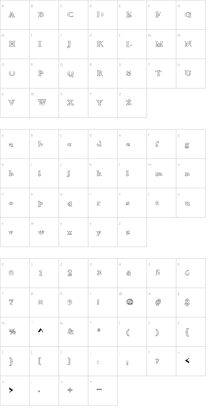 Character Map Worcester_Becker_Outline_Bold Font