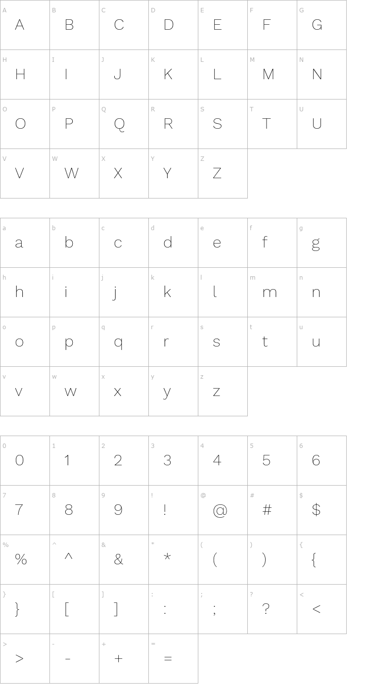 Character Map Work Sans ExtraLight Font