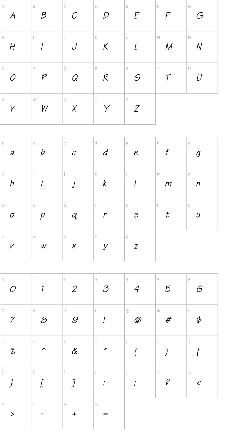 Character Map Write BoldOblique Font