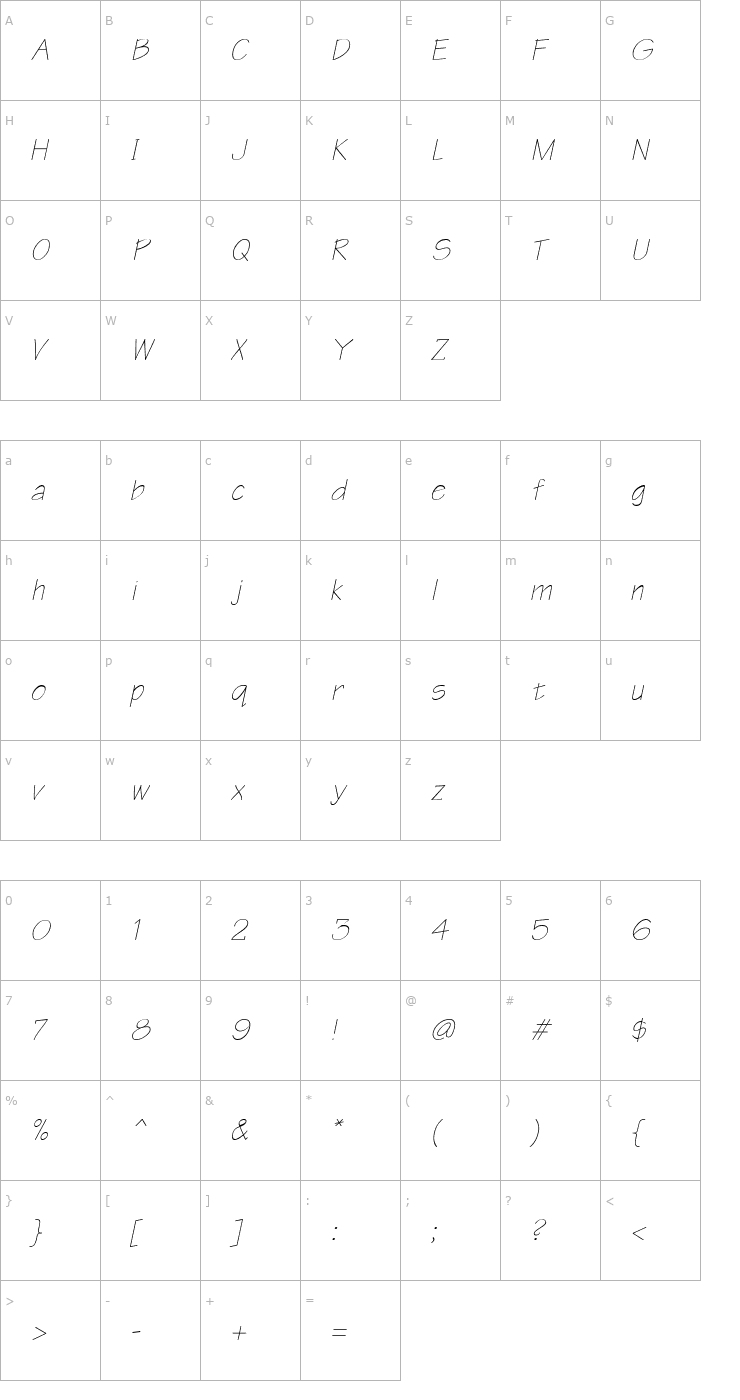 Character Map Write Oblique Font