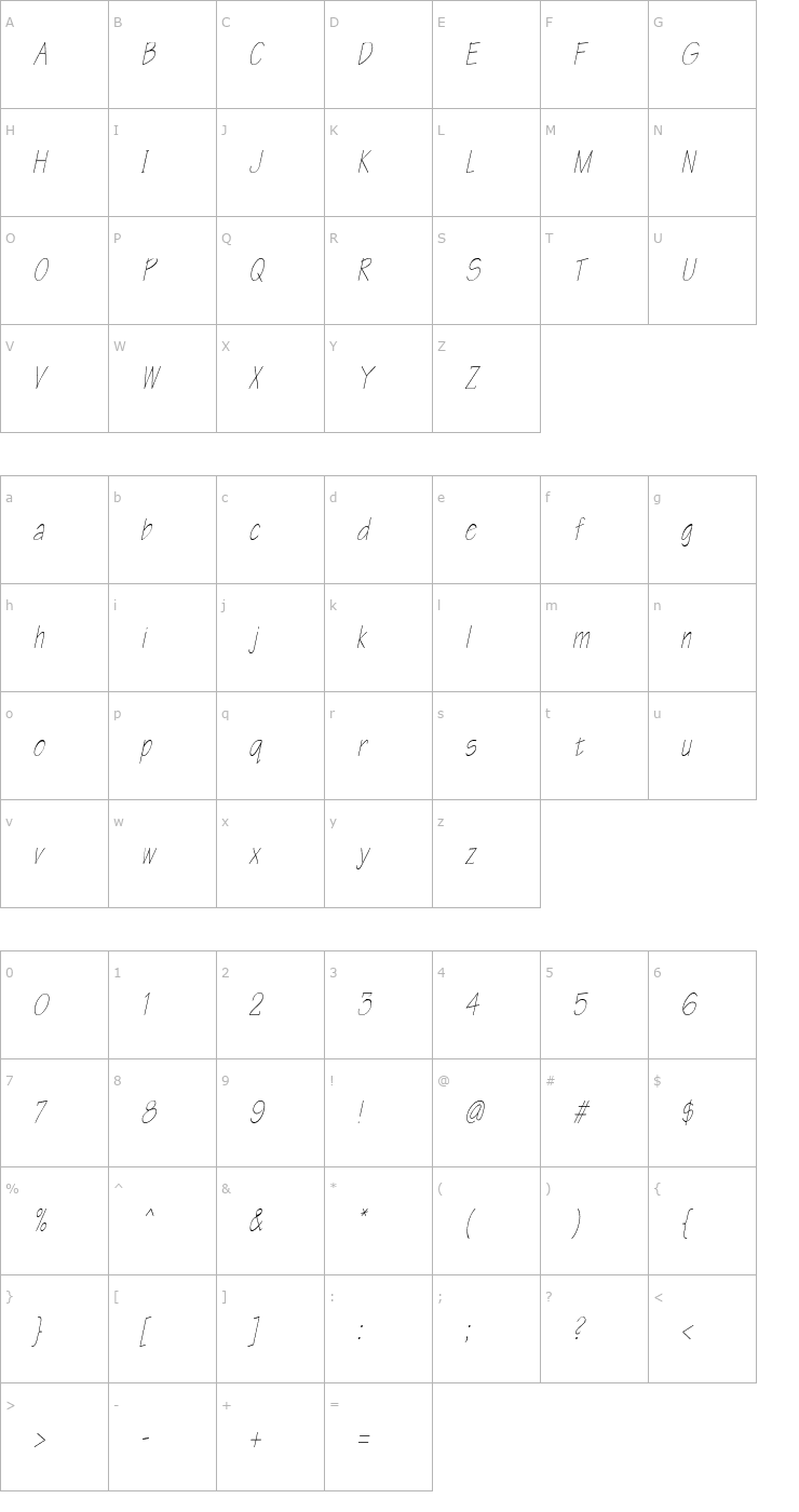 Character Map WriteCondensed Oblique Font
