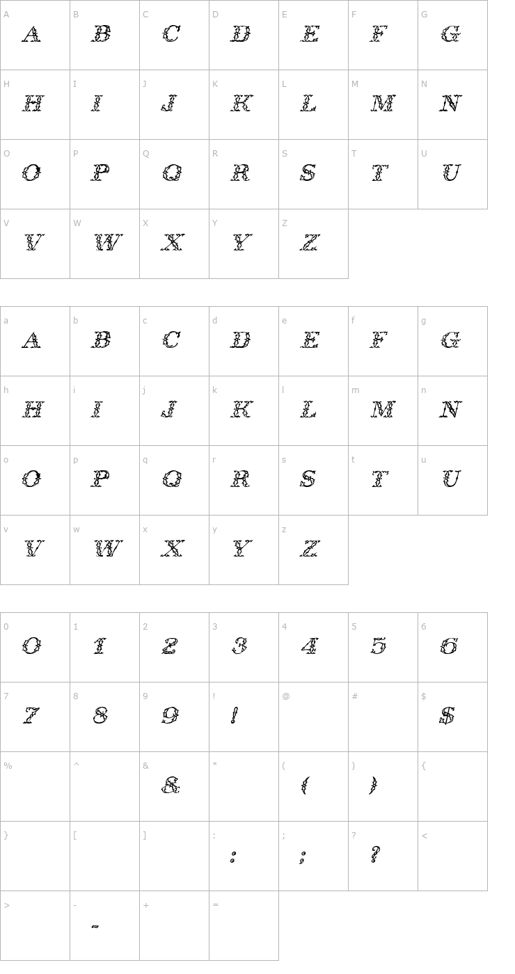 Character Map WroghtIron Italic Font