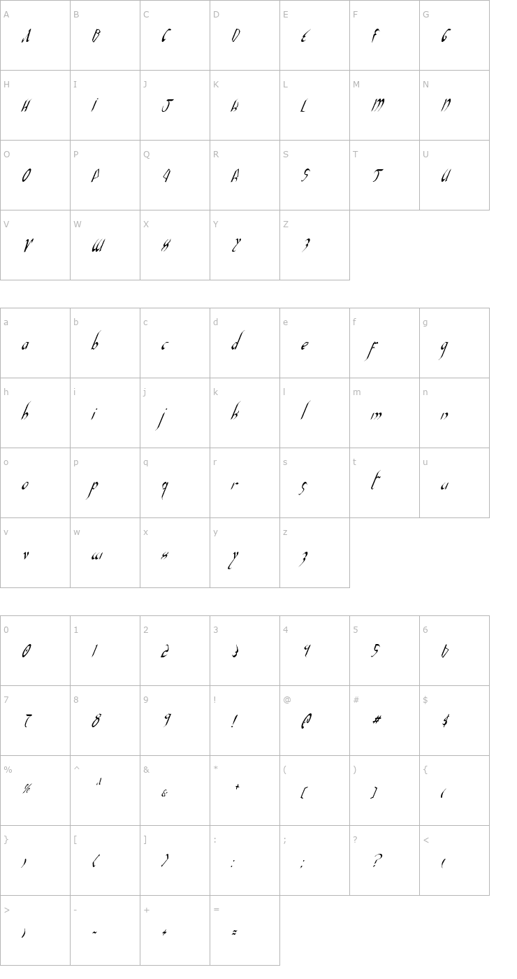 Character Map Xaphan 2 Condensed Italic Font