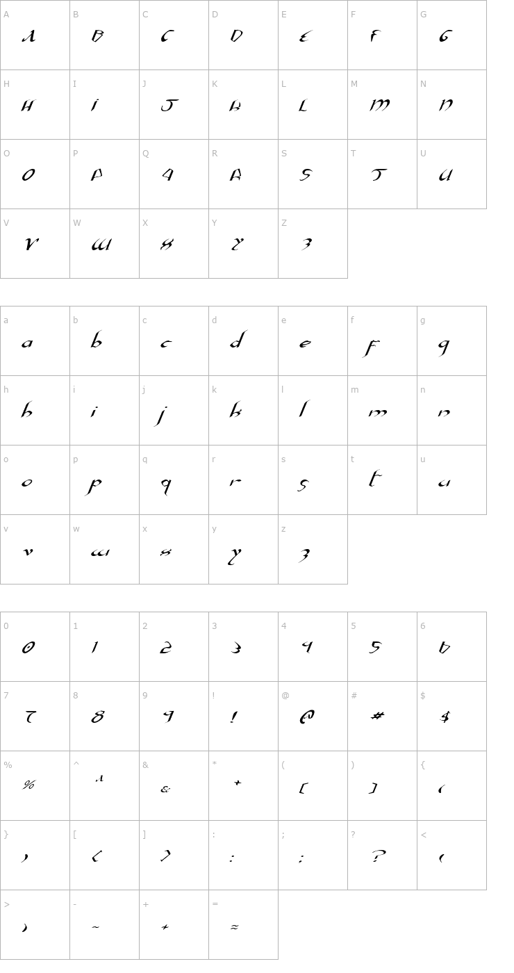 Character Map Xaphan 2 Expanded Italic Font
