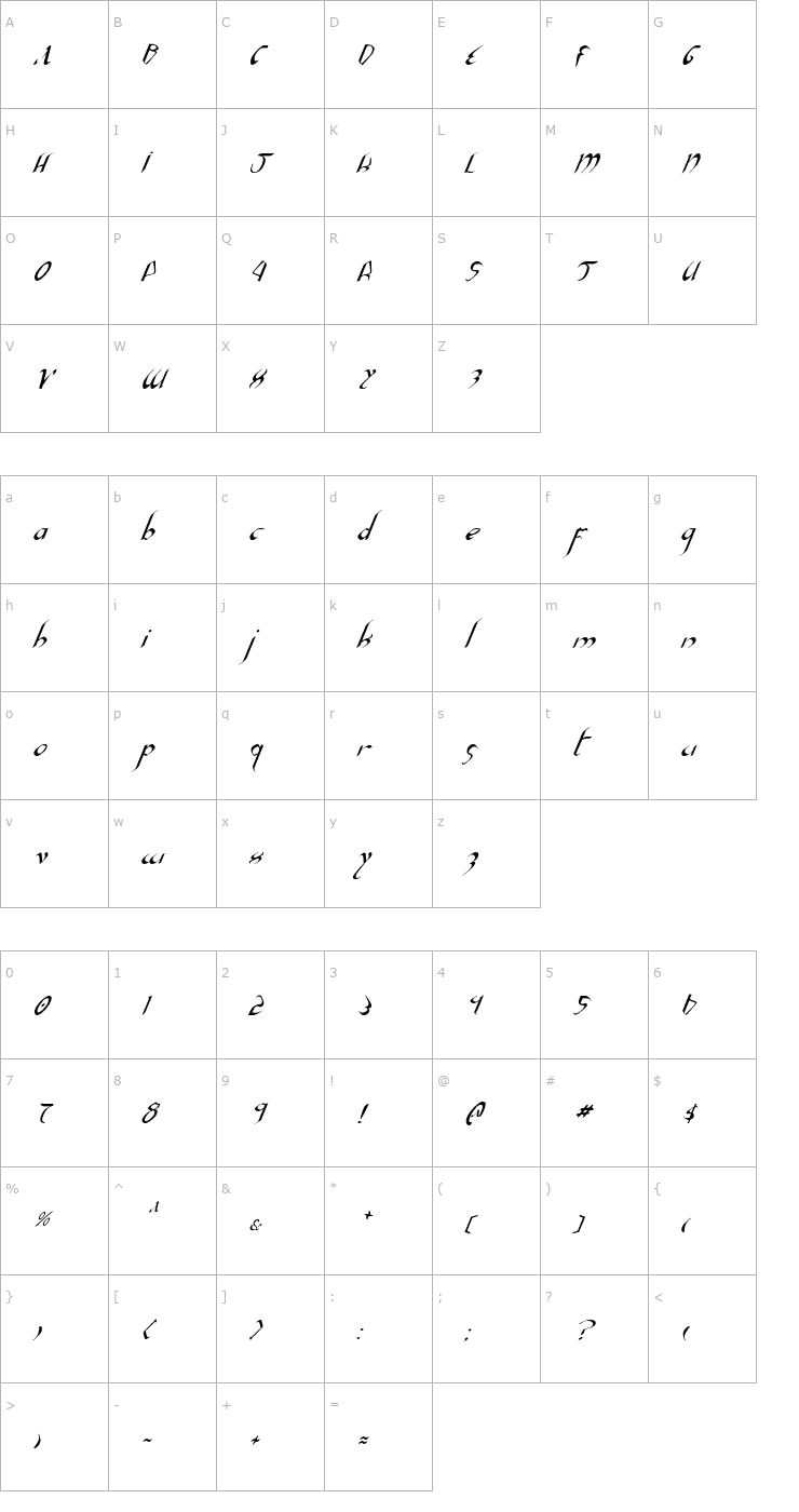 Character Map Xaphan 2 Italic Font