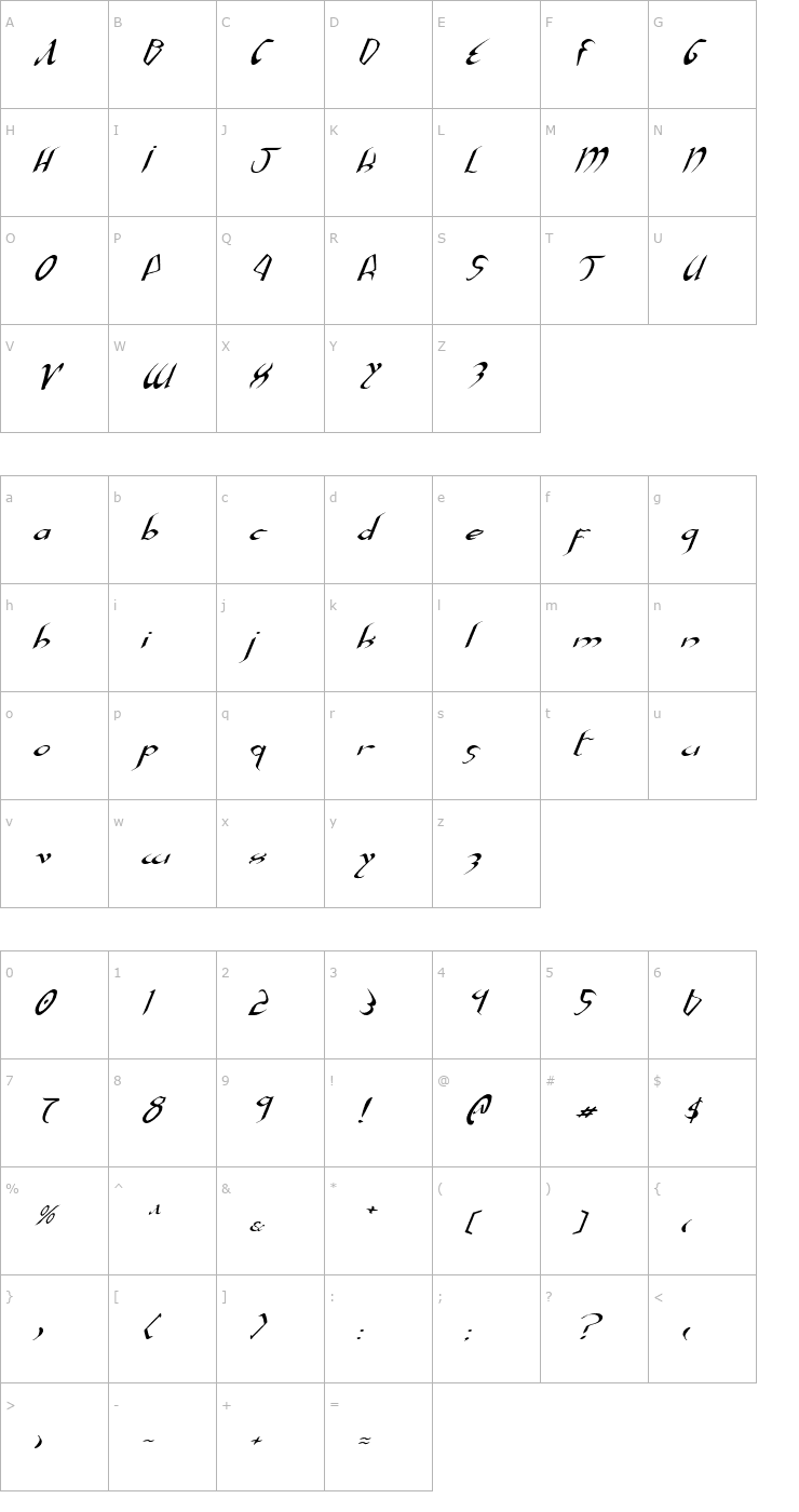 Character Map Xaphan Expanded Italic Font