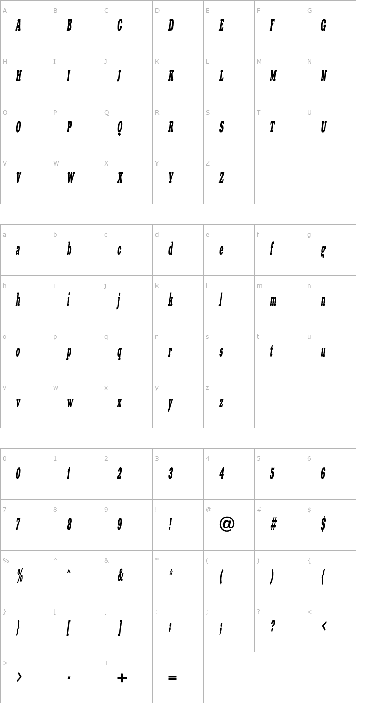 Character Map XeniaWesternC-Italic Font