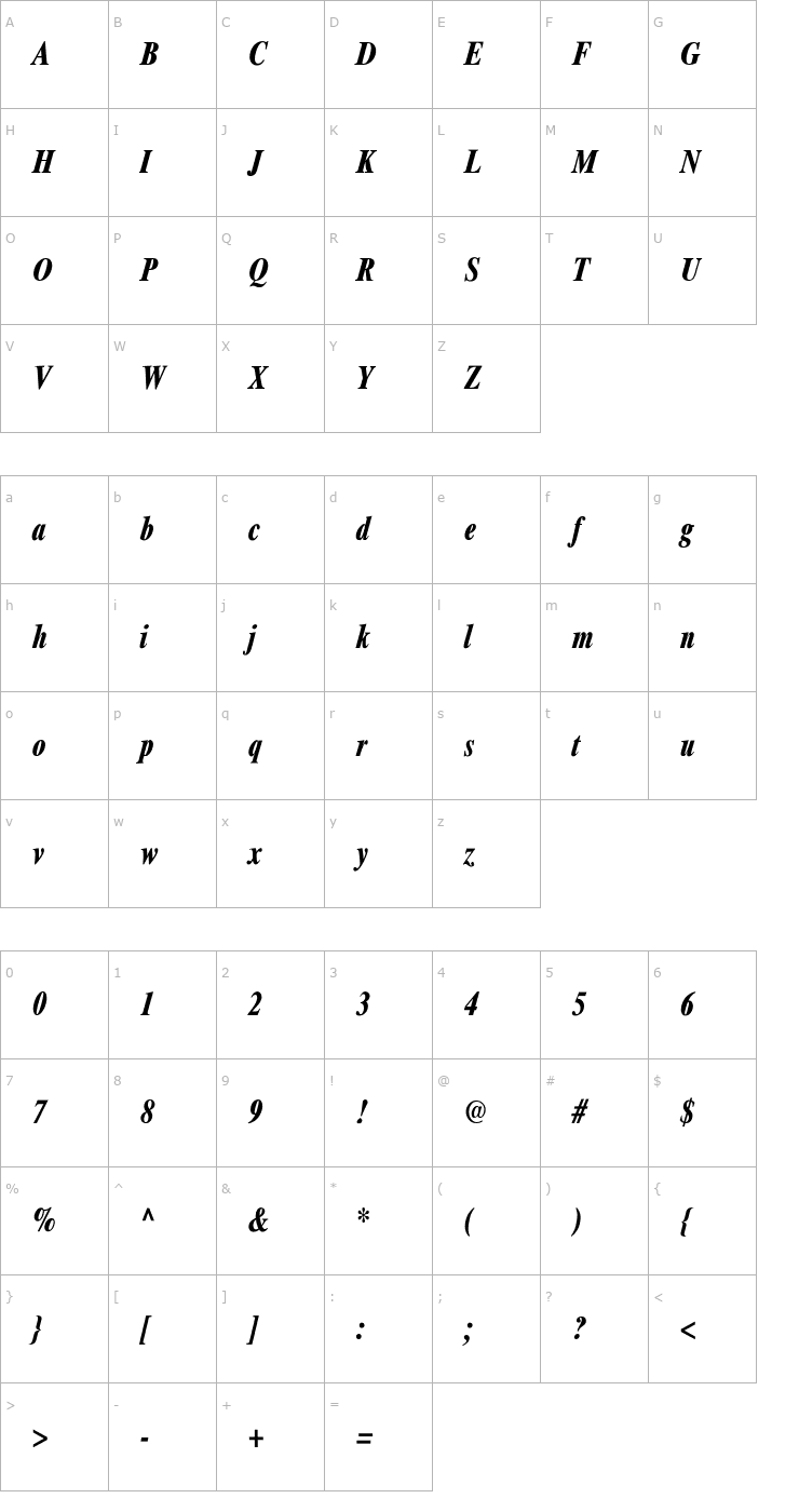 Character Map Xerox Serif Narrow Bold Italic Font