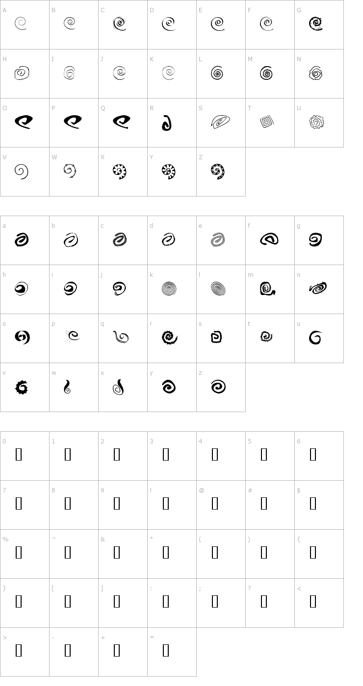 Character Map xspiralmental Font