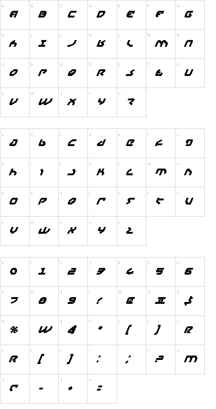 Character Map Yahren Bold Italic Font