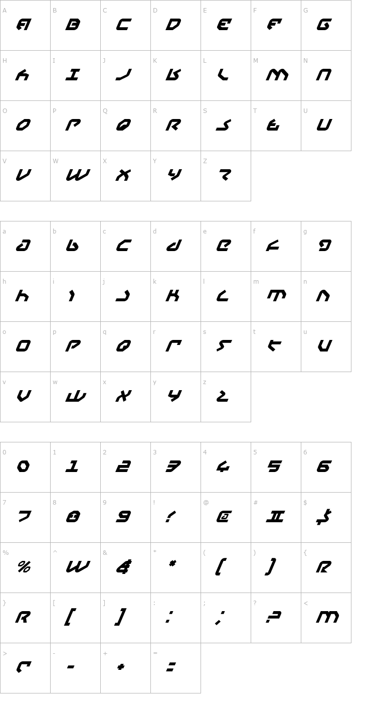 Character Map Yahren Italic Font