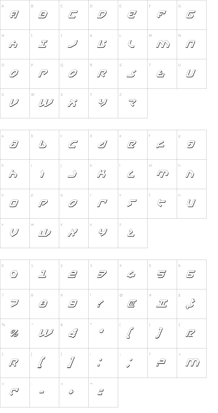 Character Map Yahren Shadow Italic Font