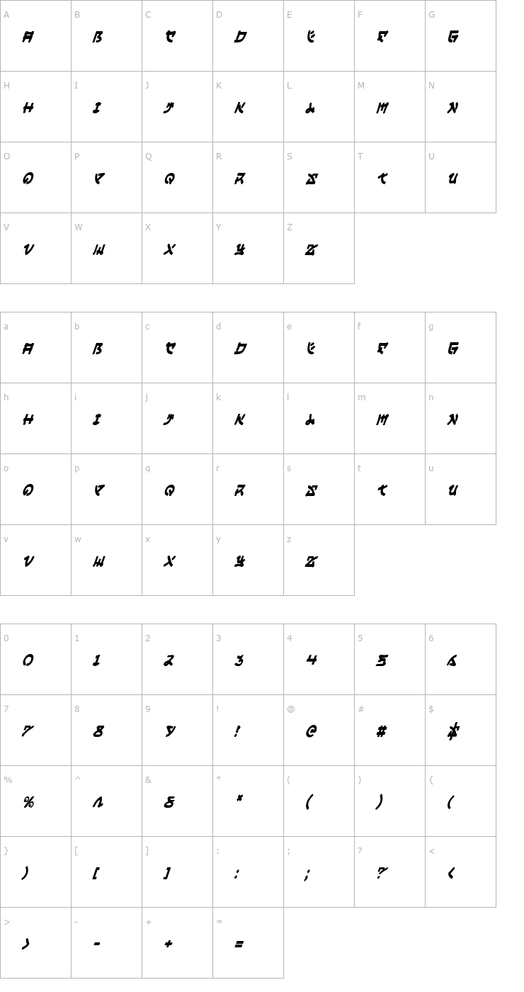 Character Map Yama Moto Condensed Italic Font