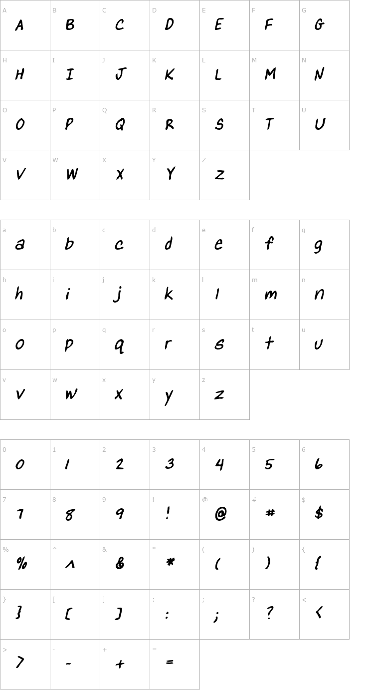 Character Map YanksHand Bold Italic Font